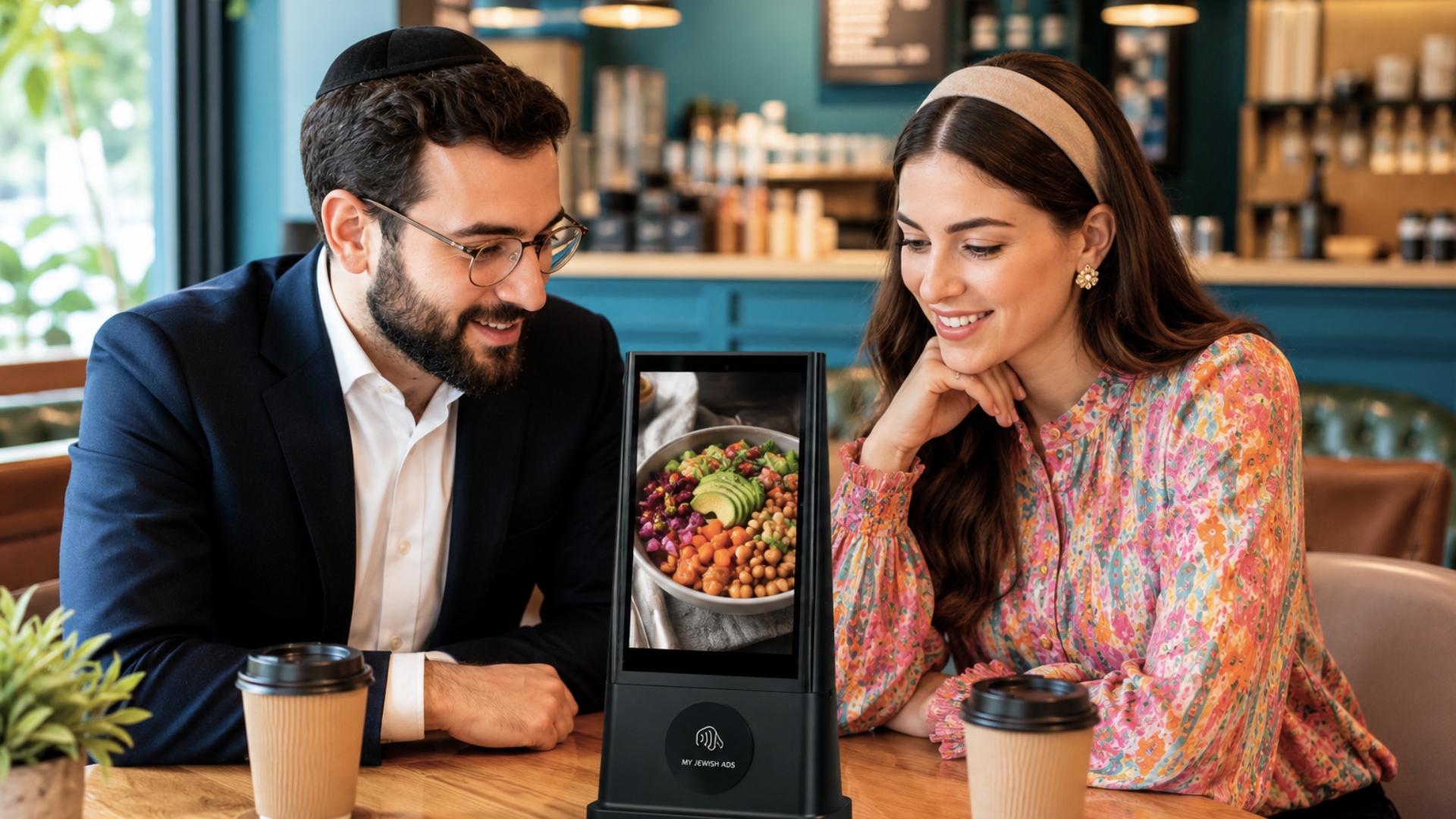 A Jewish couple viewing a digital tabletop display inside a restaurant