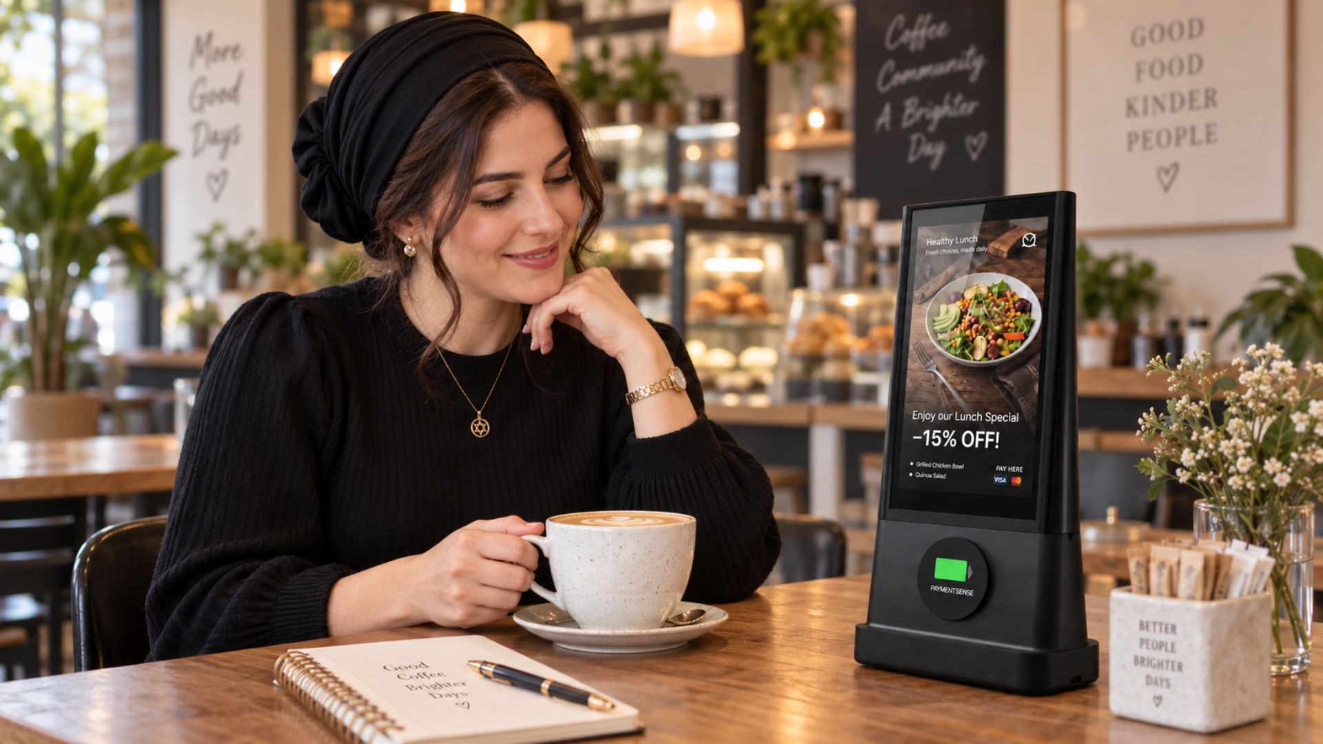 A Jewish diner viewing a digital tabletop display inside a restaurant